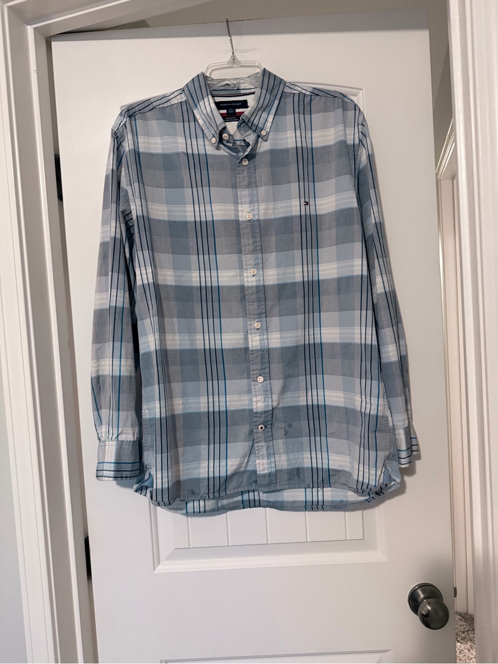 Tommy Hilfiger Light Blue and White Plaid Button-Down Shirt